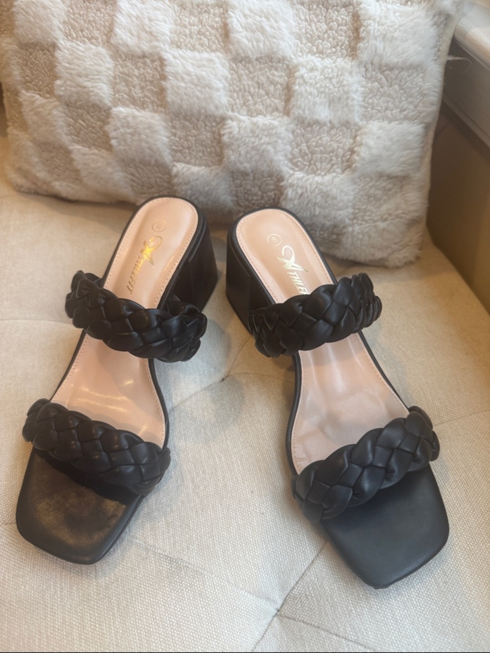 Athlefit Braided Leather Strap Black Block Heel Sandals